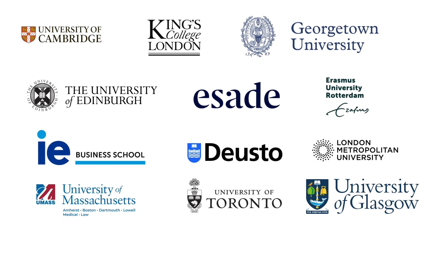 Universities where ASB graduates have been accepted including Cambridge, King's College London, Georgetown, Edinburgh, ESADE, IE Business School, Deusto, University of Toronto, and more
